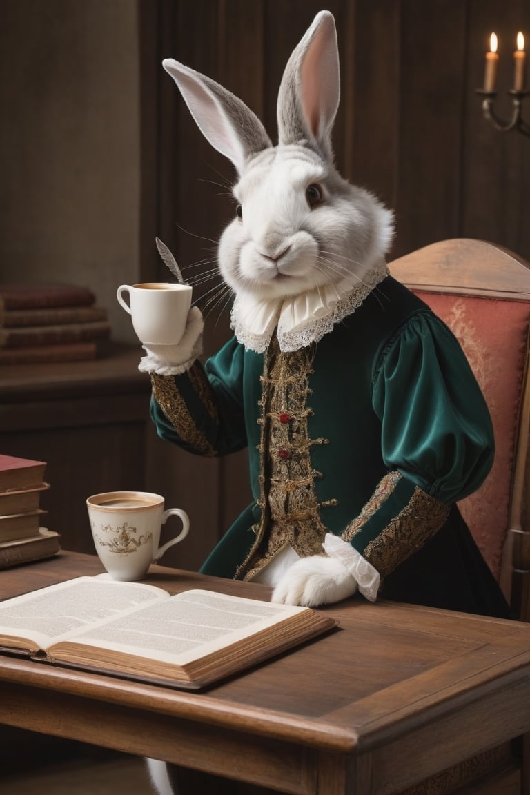 Anthropomorphic rabbit dressed as Shakespeare, sitting at a medieval writing desk holding a quill and a coffee cup