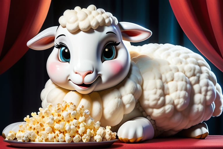 Anthropomorphic fat lamb eating popcorn 