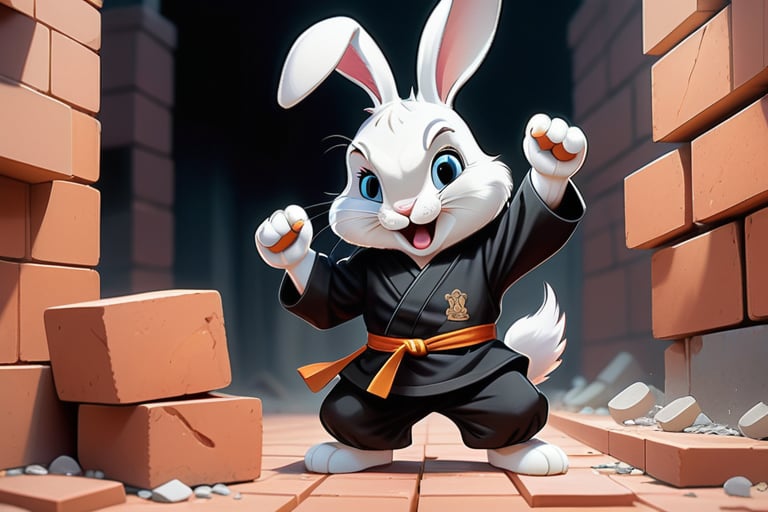 Anthropomorphic rabbit wearing a black gi, breaking bricks with his paw