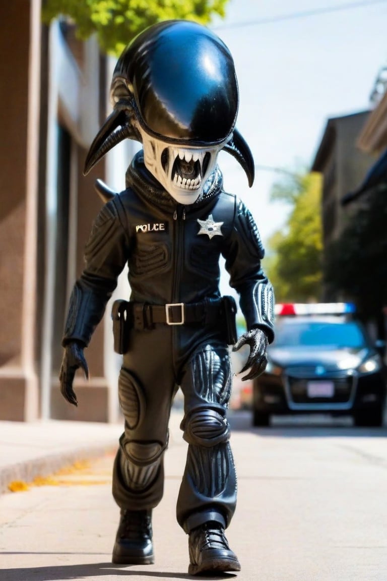 Adorable little alien xenomorph walking down public street, wearing a police uniform,Xenomorph