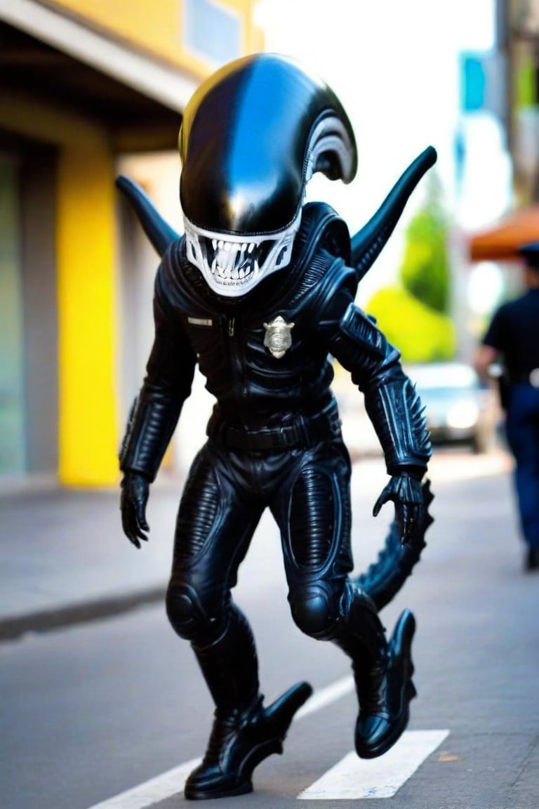 Adorable little alien xenomorph walking down public street, wearing a police uniform,Xenomorph