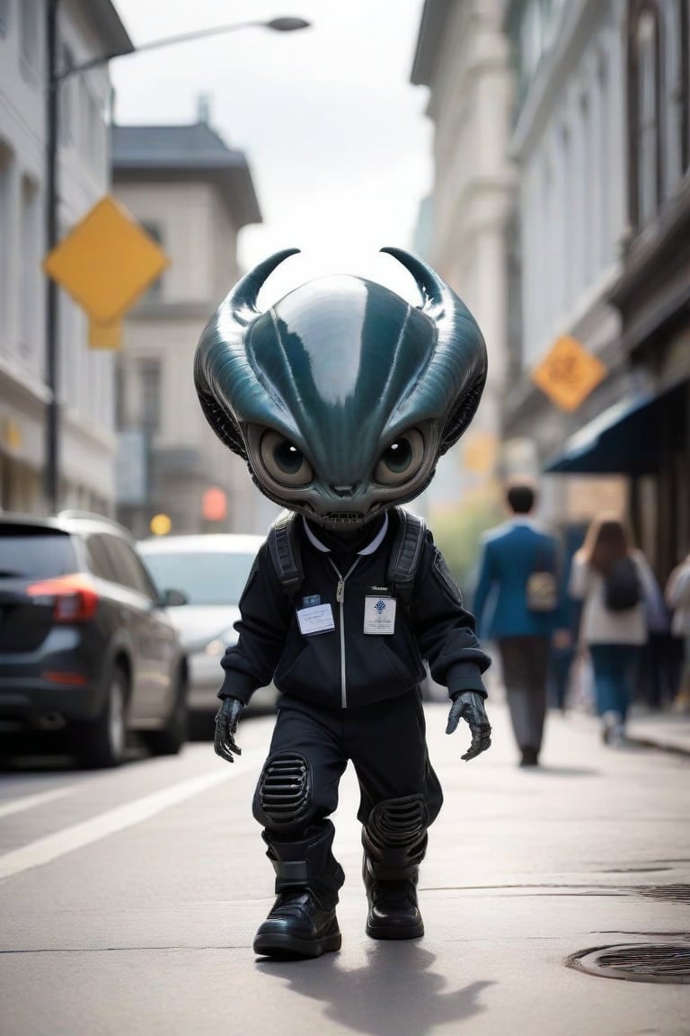 Adorable little alien xenomorph walking down public street, wearing a school uniform 
