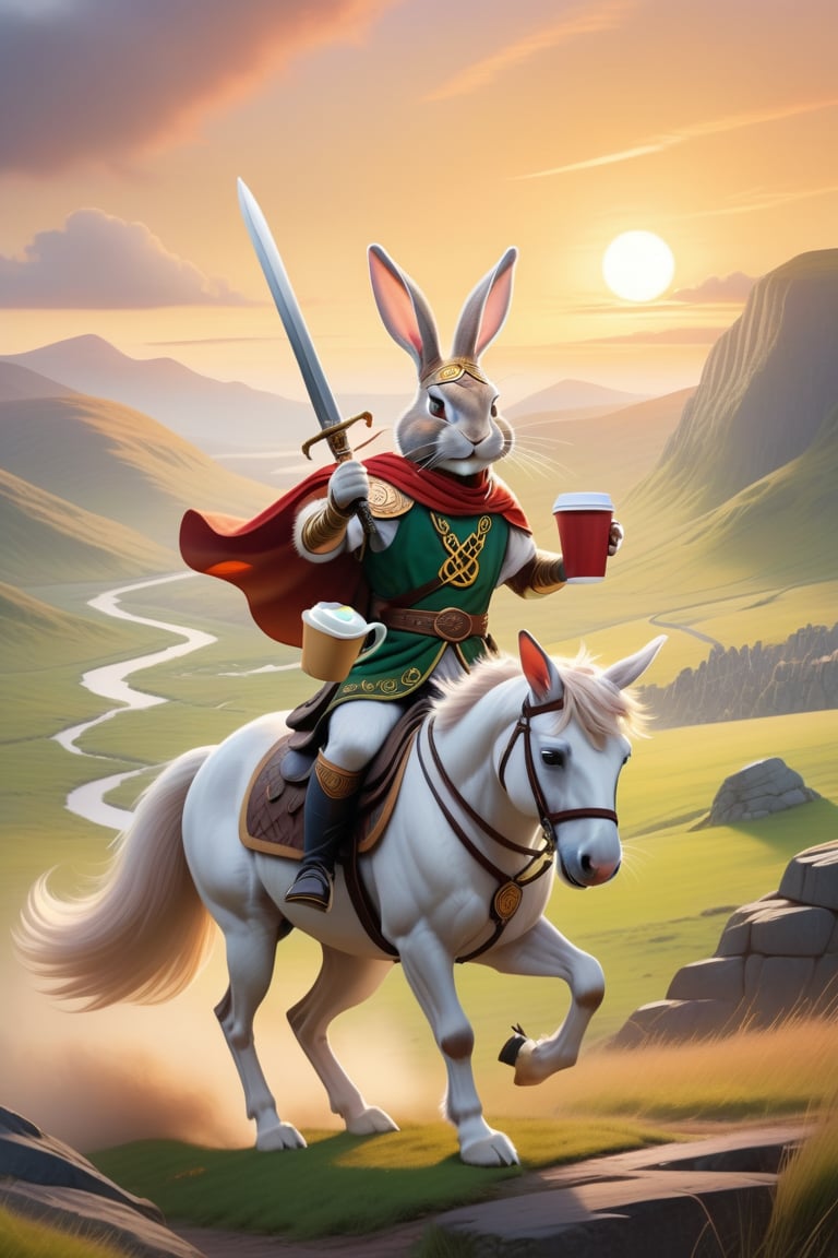 Anthropomorphic rabbit dressed as a celtic god holding takeaway coffee in paw, celtic sword and shield on his back, riding a horse, scottish glen at sunrise, battlefield scene
