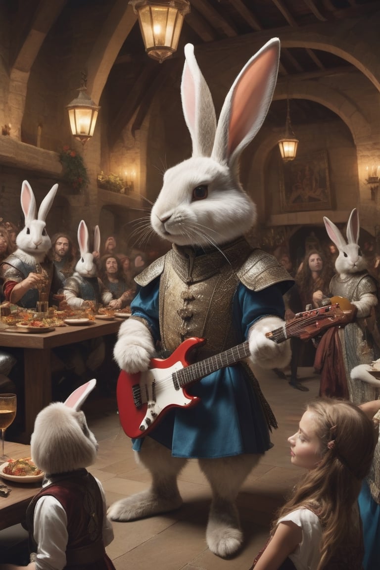 Anthropomorphic rabbit dressed as medieval minstrel, wildly playing heavy metal on an electric guitar , crowded castle banquet room, cheering medieval girls