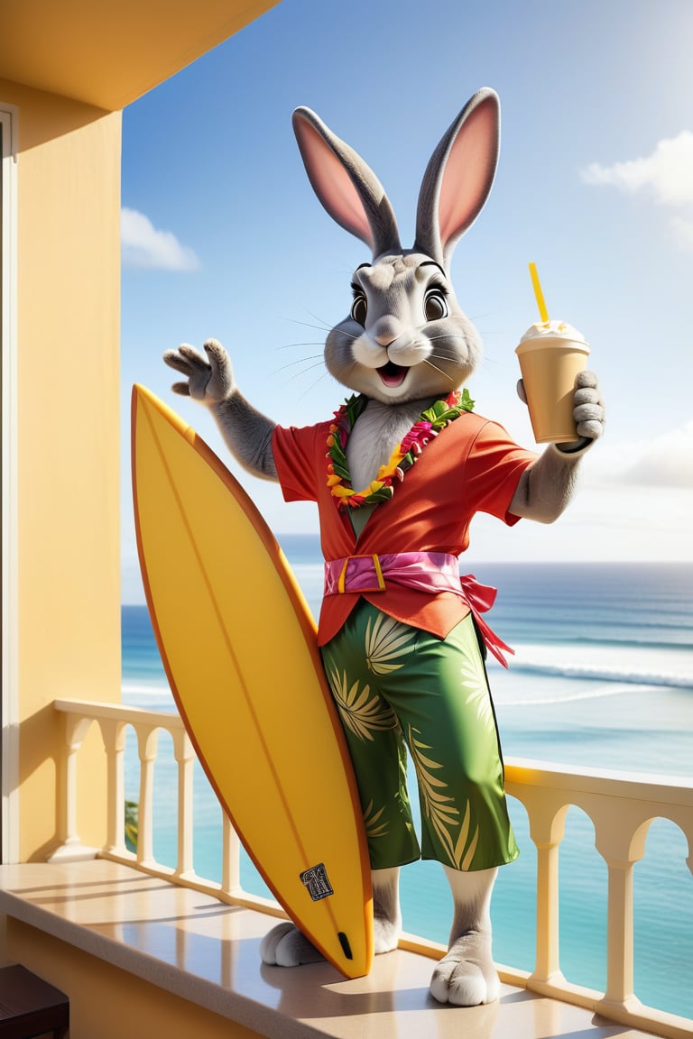Anthropomorphic rabbit dressed as a hawaian god holding surfboard one paw and a takeaway coffee in the other paw, hotel balcony overlooking a beach, from behind, urinating over the balcony railing