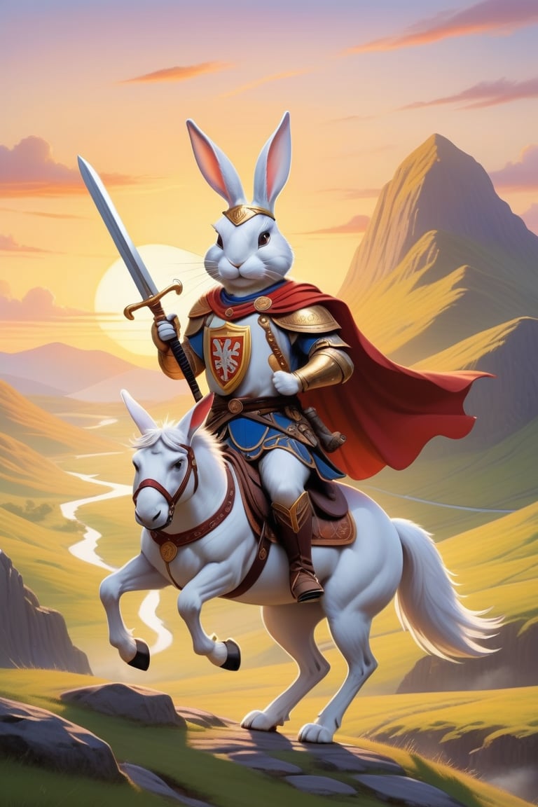 Anthropomorphic rabbit dressed as a Cú Chulainn holding takeaway coffee in paw, celtic sword and shield on his back, riding a horse, scottish glen at sunrise,