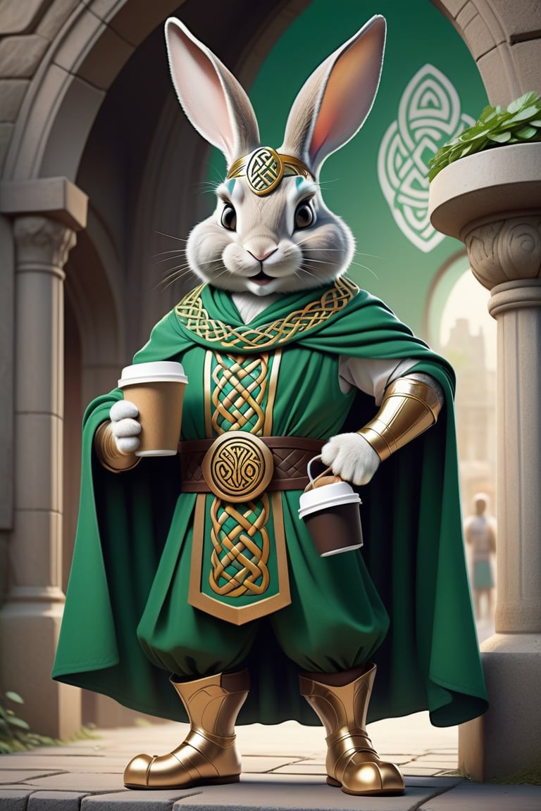 Anthropomorphic rabbit dressed as a celtic god holding takeaway coffee in paw