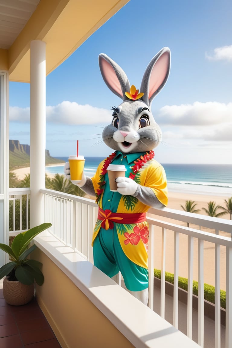 Anthropomorphic rabbit dressed as a hawaian god holding takeaway coffee in paw peeing over the side of the balcony, hotel balcony overlooking a beach, from behind 