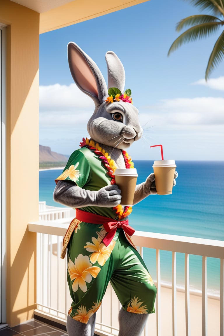 Anthropomorphic rabbit dressed as a hawaian god holding takeaway coffee in paw peeing over the side of the balcony, hotel balcony overlooking a beach, from behind 