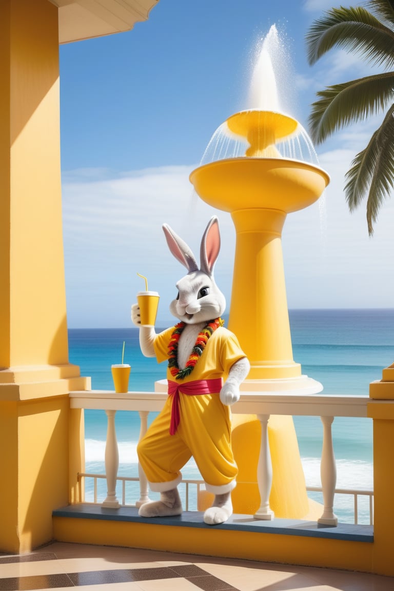 Anthropomorphic rabbit dressed as a hawaian god holding takeaway coffee in paw, hotel balcony overlooking a beach, from behind, rabbit peeing a large yellow fountain over the balcony railing