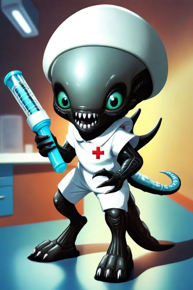 Adorable little alien xenomorph holding a huge syringe, wearing a nurse uniform,Xenomorph,  hospital scene