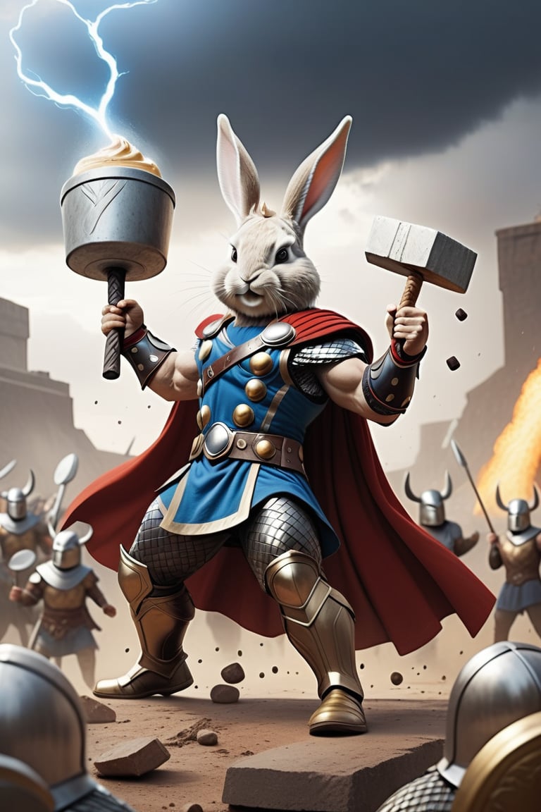 Anthropomorphic rabbit dressed like Thor holding mjolnir and a takeaway coffee, fighting vikings on a battlefield 