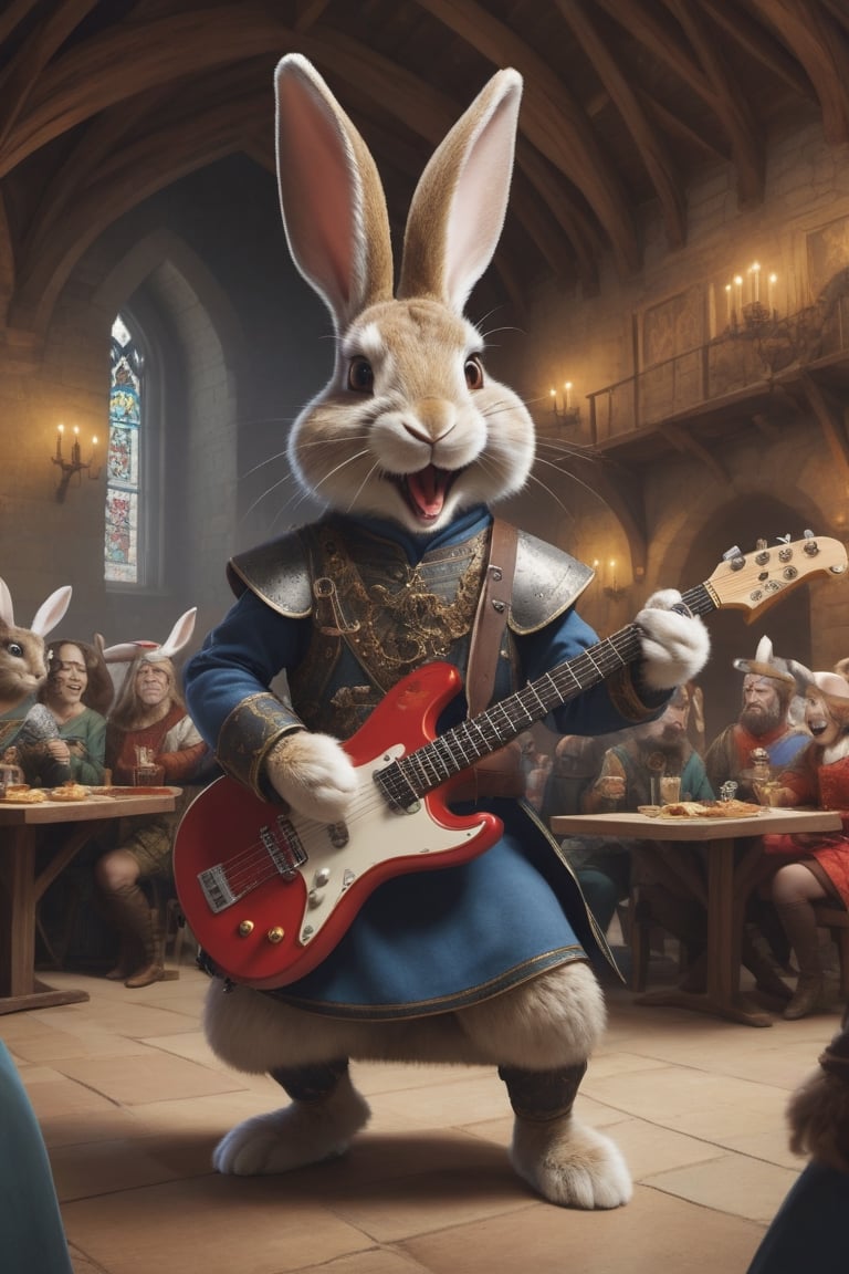 Anthropomorphic rabbit dressed as medieval minstrel, wildly playing heavy metal on an electric guitar , crowded castle banquet room, cheering medieval girls