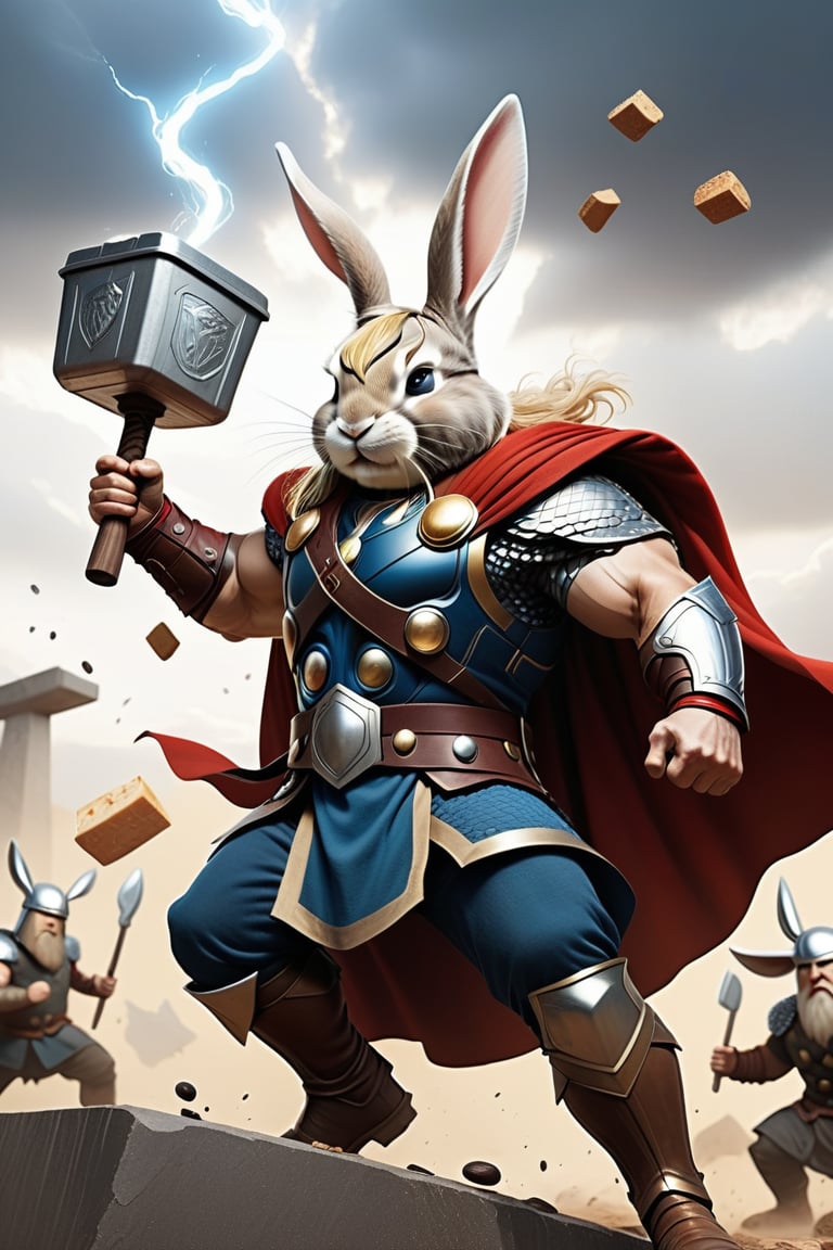 Anthropomorphic rabbit dressed like Thor holding mjolnir and a takeaway coffee, fighting vikings on a battlefield 