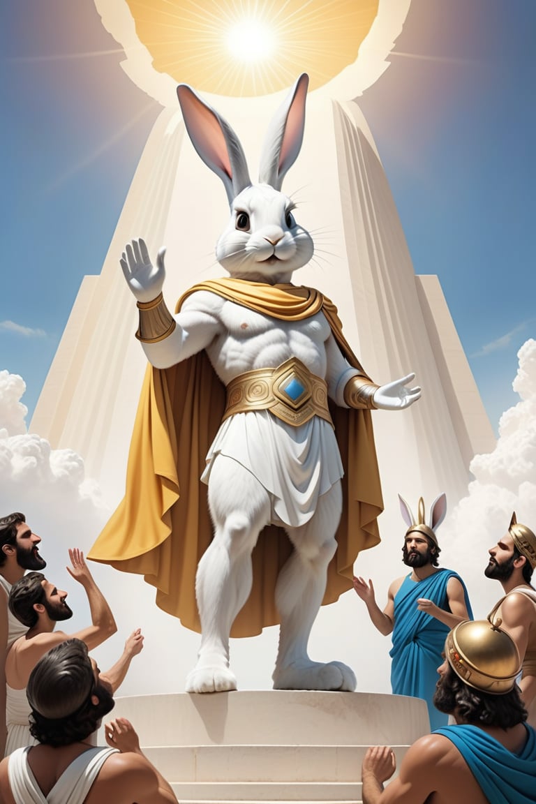 Anthropomorphic rabbit dressed like a greek God, mount olympus, being worshipped by humans 