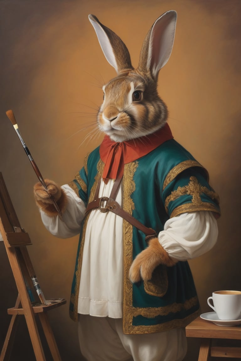 Anthropomorphic rabbit dressed as Michaelangelo, standing at an easel holding a paintbrush and a coffee cup, renaissance art studio, beautiful painting of a 2oman on the easel