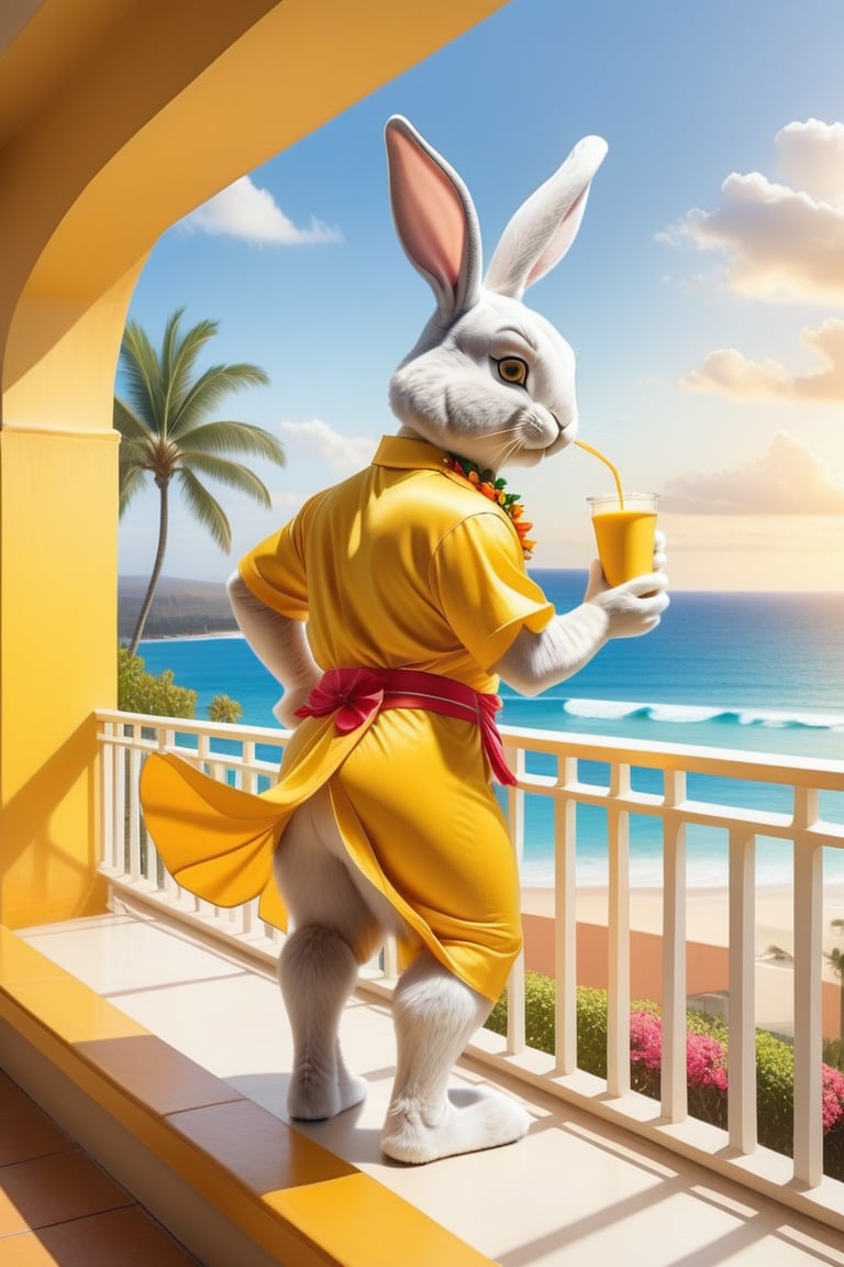 Anthropomorphic rabbit dressed as a hawaian god holding takeaway coffee in paw, hotel balcony overlooking a beach, from behind, rabbit peeing a large yellow fountain over the balcony railing