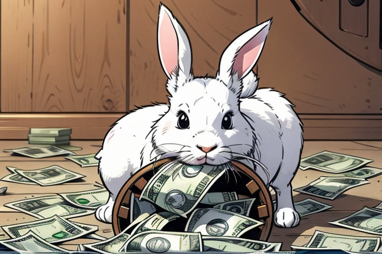 Anthropomorphic rabbit playing in a pile of money