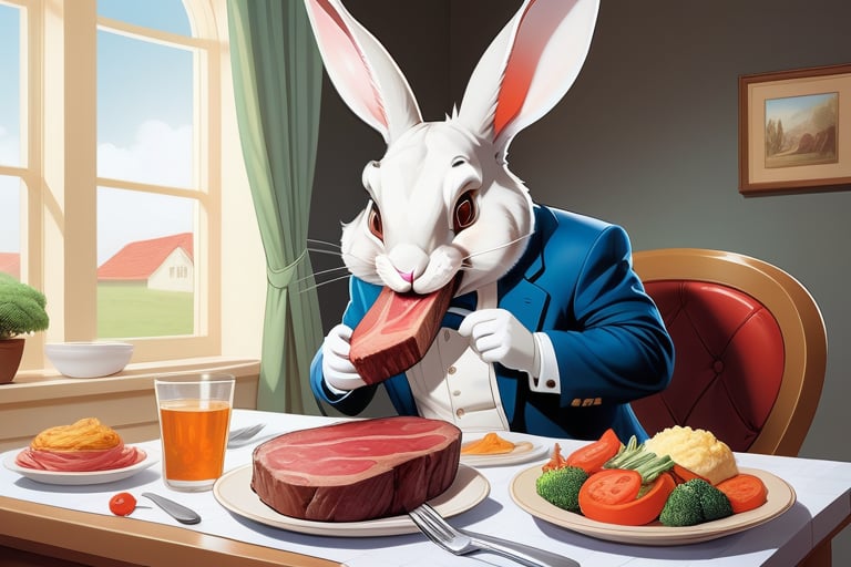 Anthropomorphic rabbit eating a huge steak


