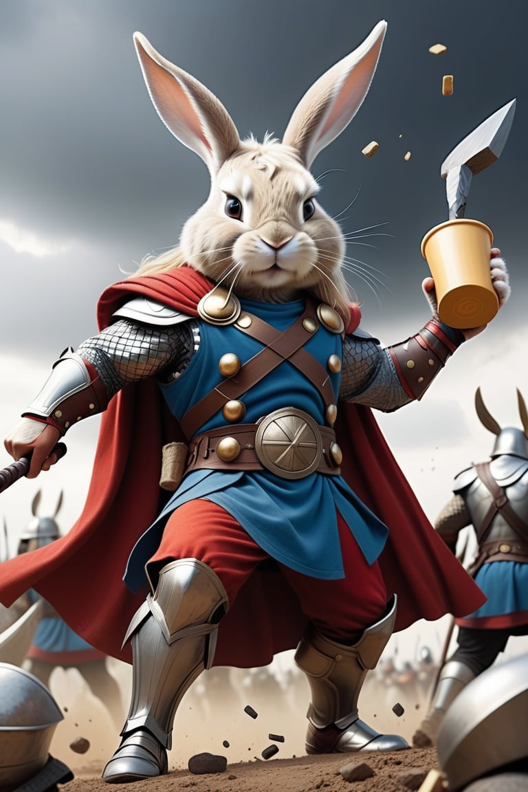 Anthropomorphic rabbit dressed like Thor holding a warhammer and a takeaway coffee, fighting vikings on a battlefield 