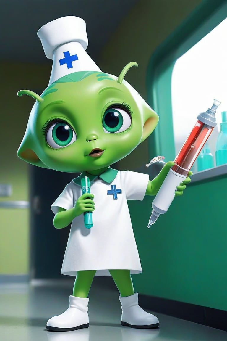 Adorable little green alien holding a huge syringe, hospital scene, wearing a 1950s style nurse uniform
