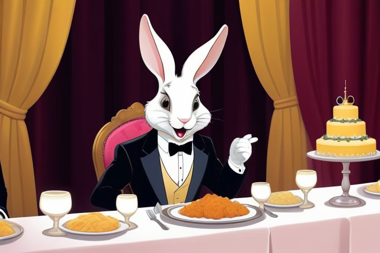 Anthropomorphic rabbit wearing a dark suit and  eating at a banquet table

