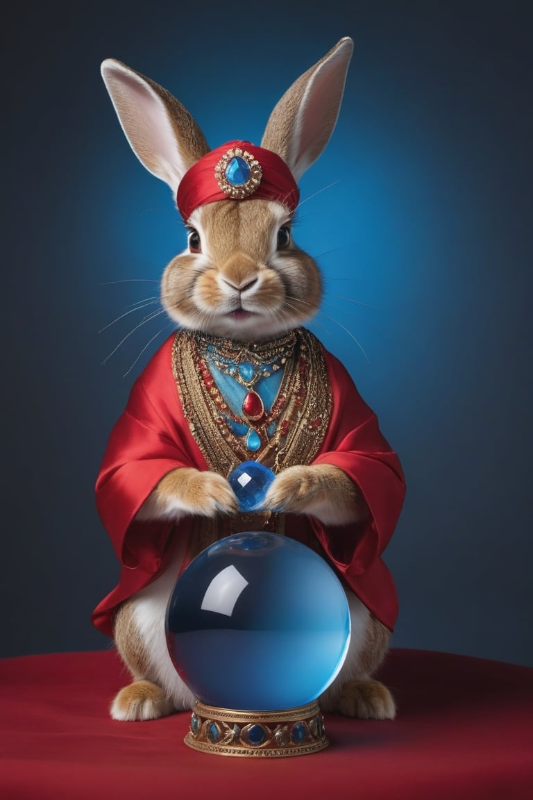 Anthropomorphic rabbit, dressed as a fortune teller, wearing a red silk turban with a sparkling blue jewel in the centre, looking into Crystal ball