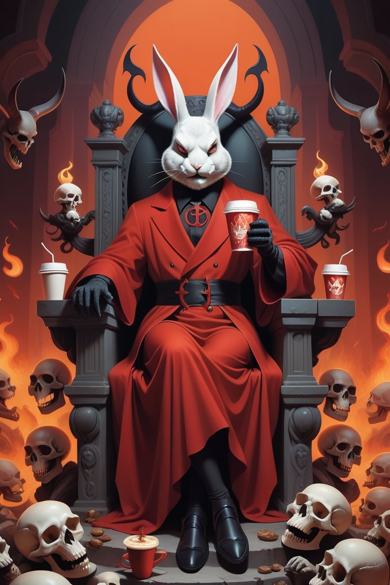 Anthropomorphic rabbit dressed as Satan holding takeaway coffee in paw, sitting on a throne of skulls in Hell 