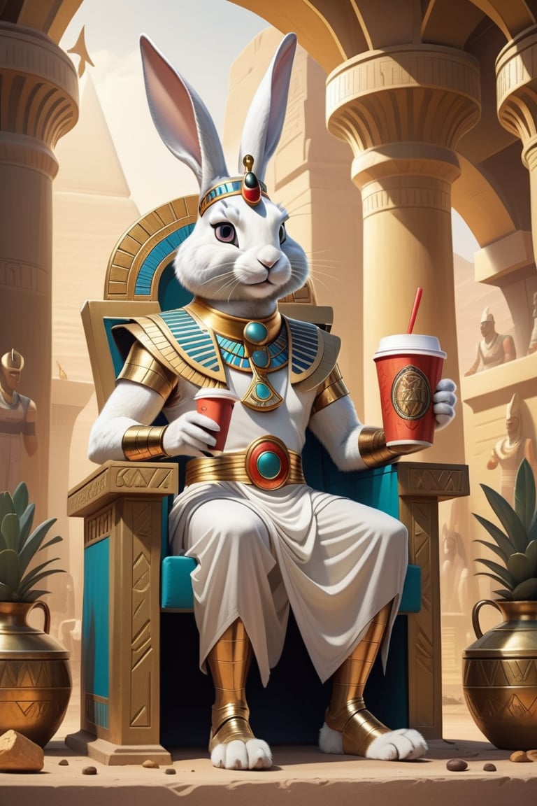 Anthropomorphic rabbit dressed as an Egyptian god holding takeaway coffee in paw sitting on throne, Egyptian camp