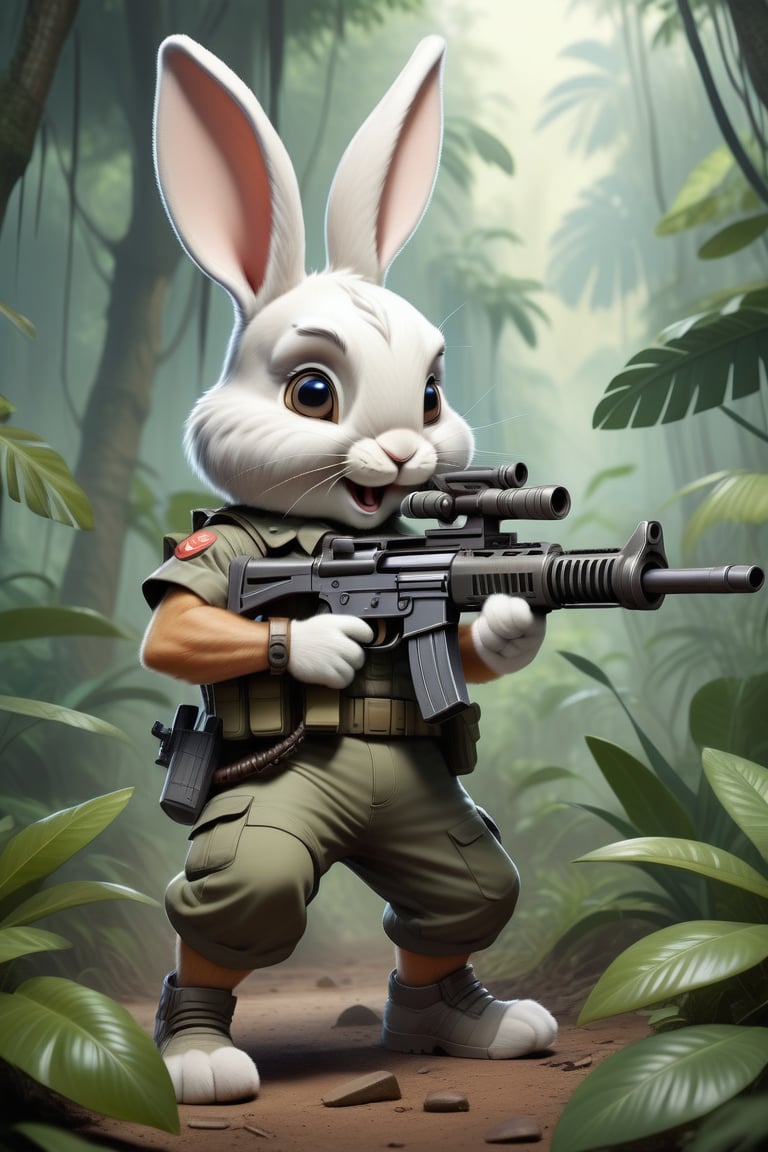 Cute Anthropomorphic rabbit dressed like rambo firing a machine gun, jungle scene