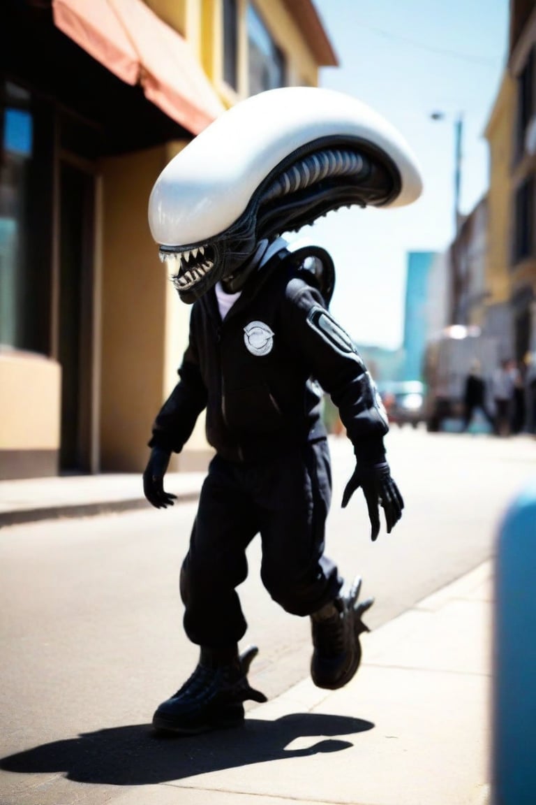 Adorable little alien xenomorph walking down public street, wearing a school uniform,Xenomorph