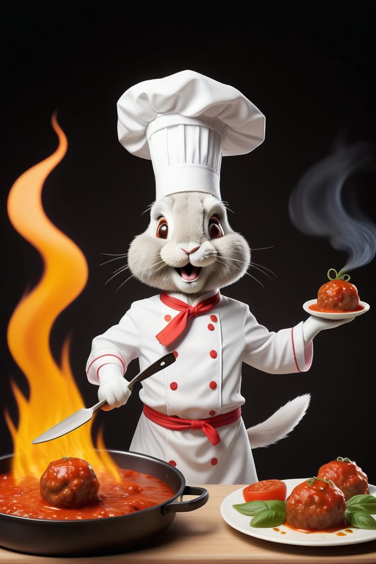 Cute Anthropomorphic rabbit chef cooking flaming meatballs in marinara sauce