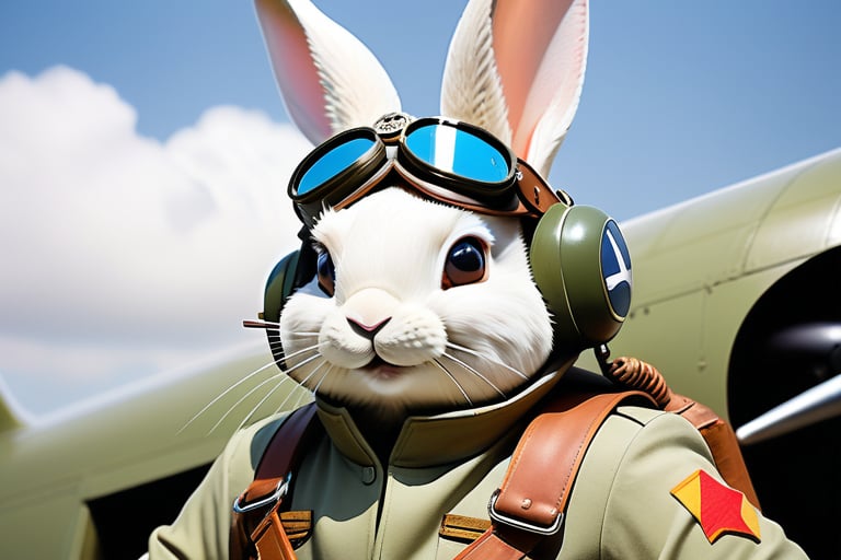 Anthropomorphic rabbit dressed as world war 2 pilot