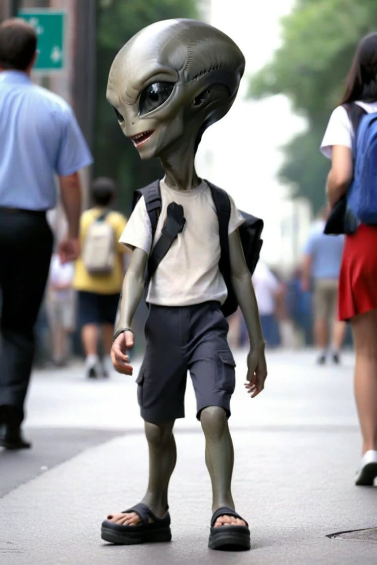 Adorable little alien xenomorph walking down public street, wearing a school uniform,Paul1024,ALIEN