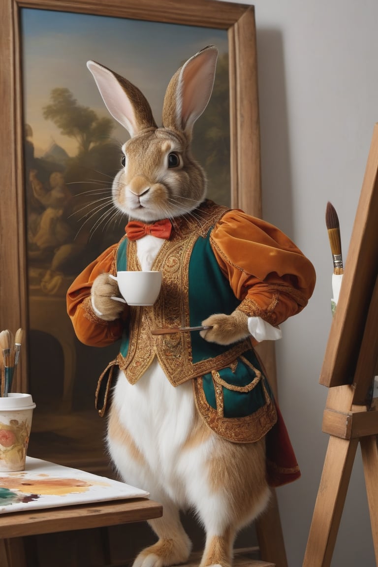 Anthropomorphic rabbit dressed as Michaelangelo, standing at an easel holding a paintbrush and a coffee cup, renaissance art studio, beautiful painting of a 2oman on the easel