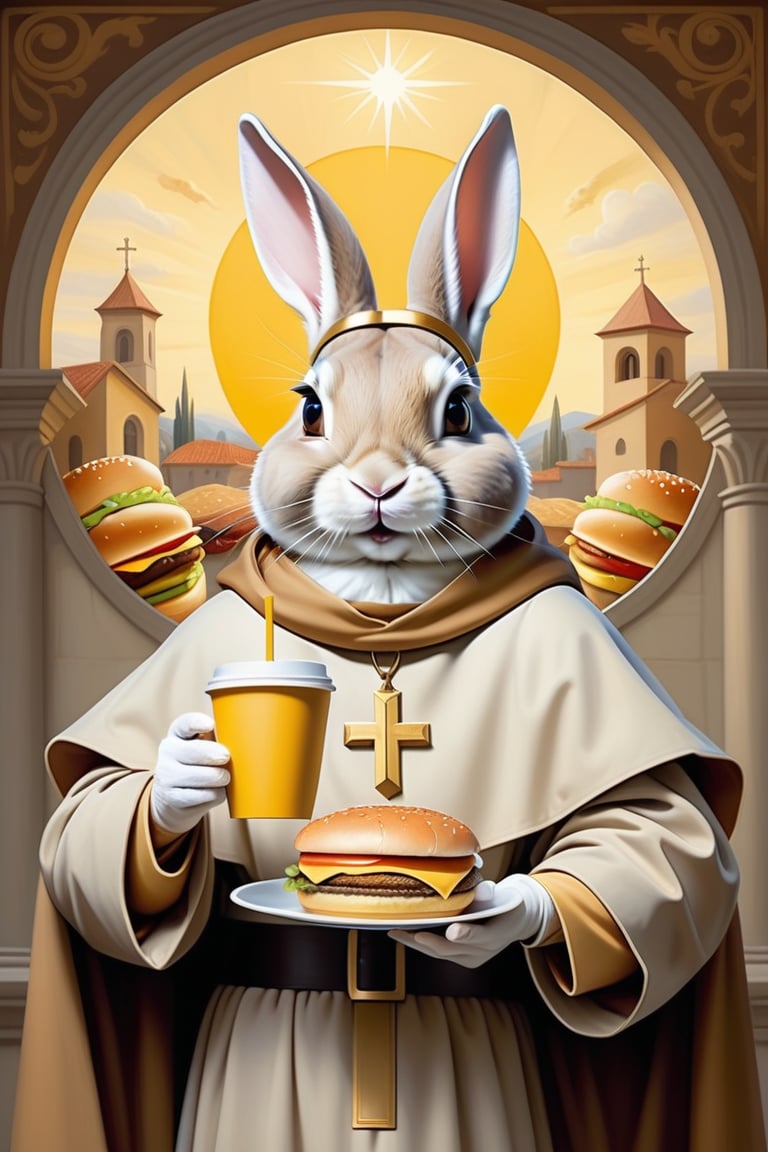 Anthropomorphic rabbit dressed as Saint Francis of Assisi, holding takeaway coffee in one paw and a cheeseburger in the other paw,style of a renaissance painting, golden halo