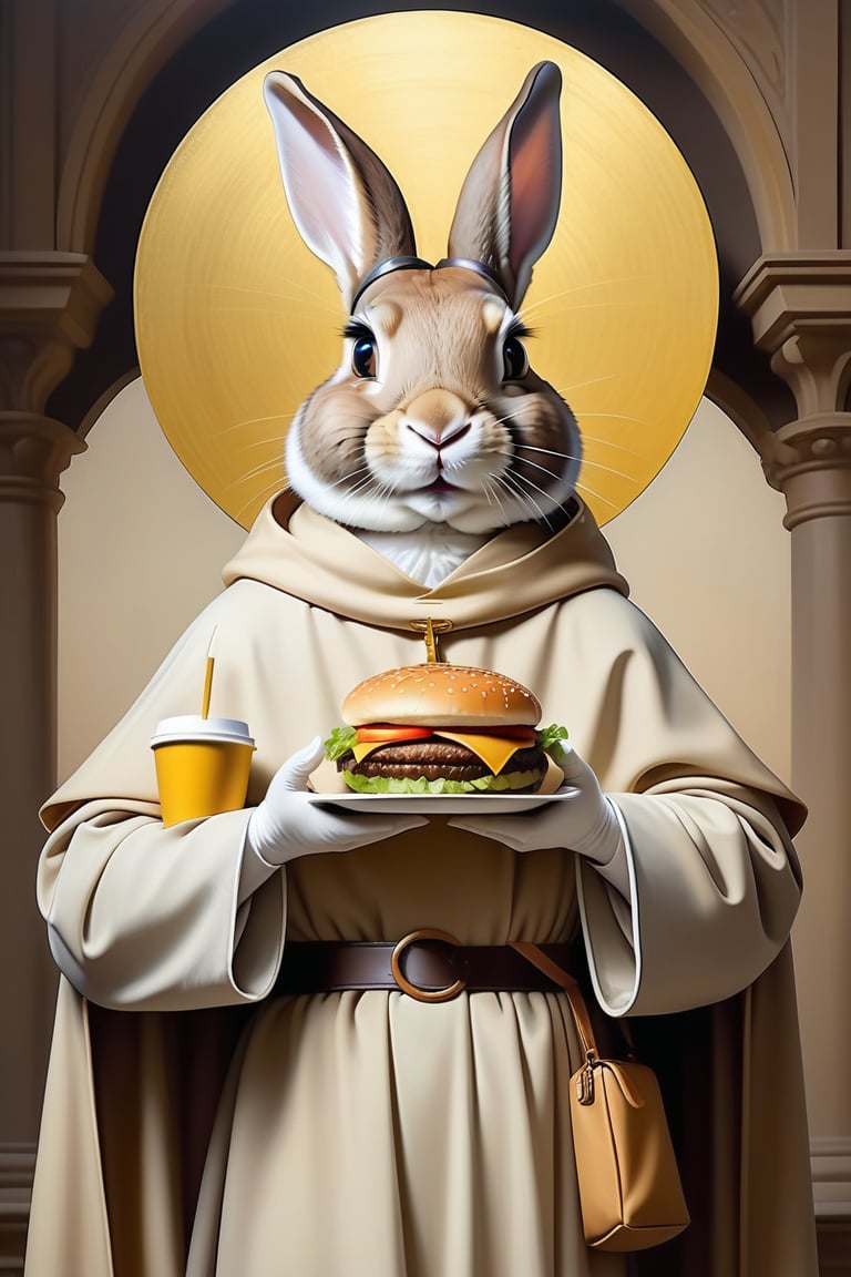 Anthropomorphic rabbit dressed as Saint Francis of Assisi, holding takeaway coffee in one paw and a cheeseburger in the other paw,style of a renaissance painting, golden halo