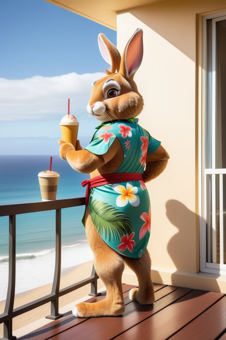 Anthropomorphic rabbit dressed as a hawaian god holding surfboard one paw and a takeaway coffee in the other paw, hotel balcony overlooking a beach, from behind, urinating over the balcony railing