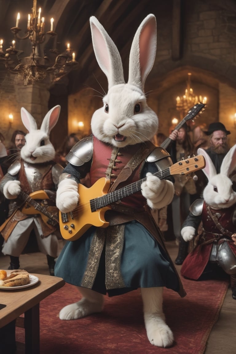 Anthropomorphic rabbit dressed as medieval minstrel, wildly playing heavy metal on an electric guitar , crowded castle banquet room, cheering medieval girls