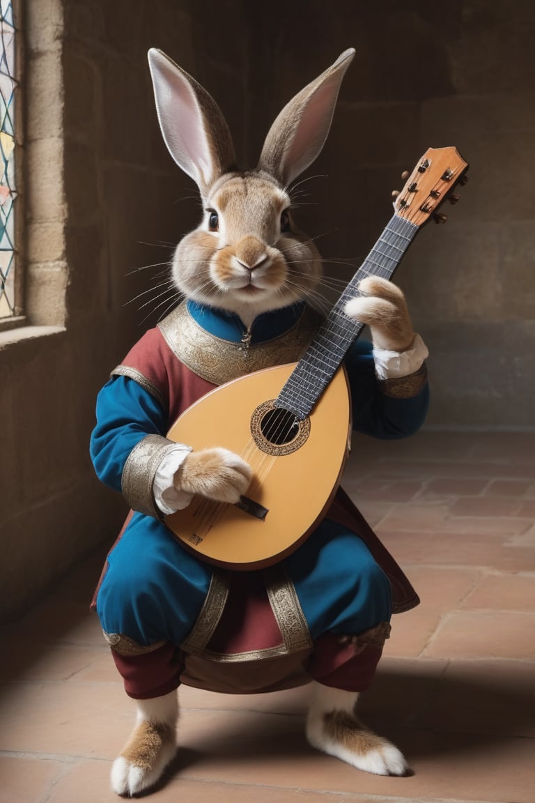 Anthropomorphic rabbit dressed as medieval minstrel, playing a lute, castle throne room