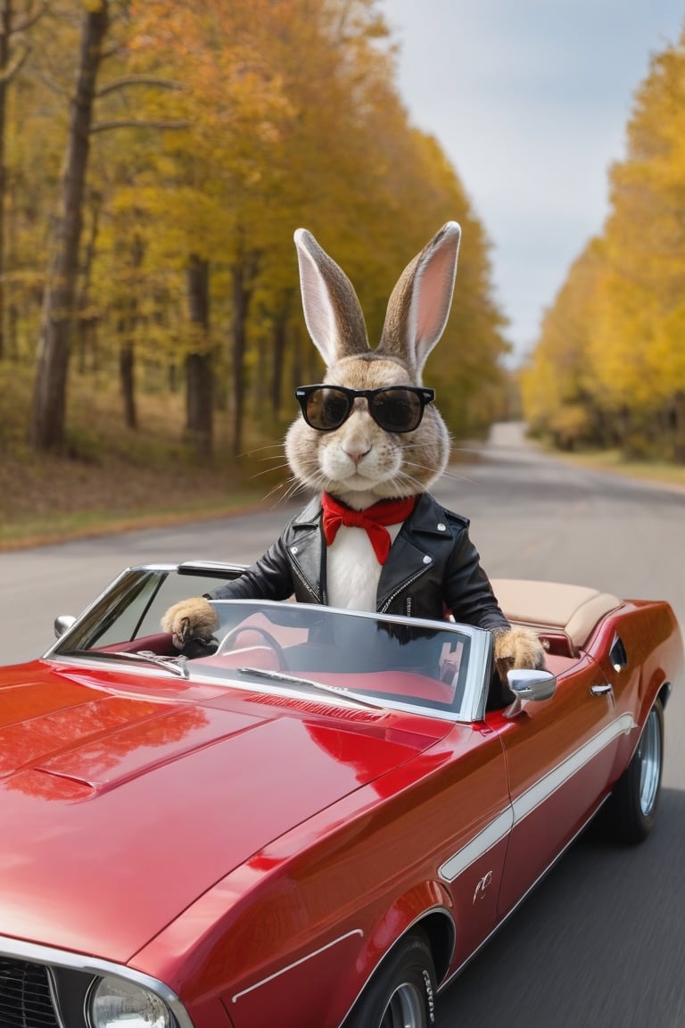 Anthropomorphic rabbit, wearing leather jacket and sunglasses, driving a red 1972 ford mustang convertible 