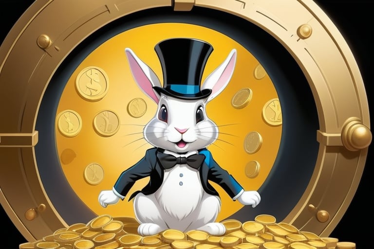 Anthropomorphic rabbit playing in a vault of gold coins,wearing a top hat and monocle 