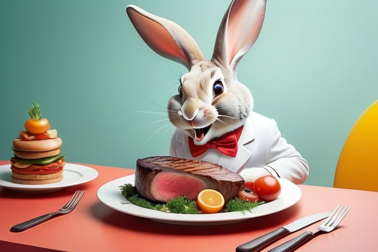 Anthropomorphic rabbit eating a huge steak

