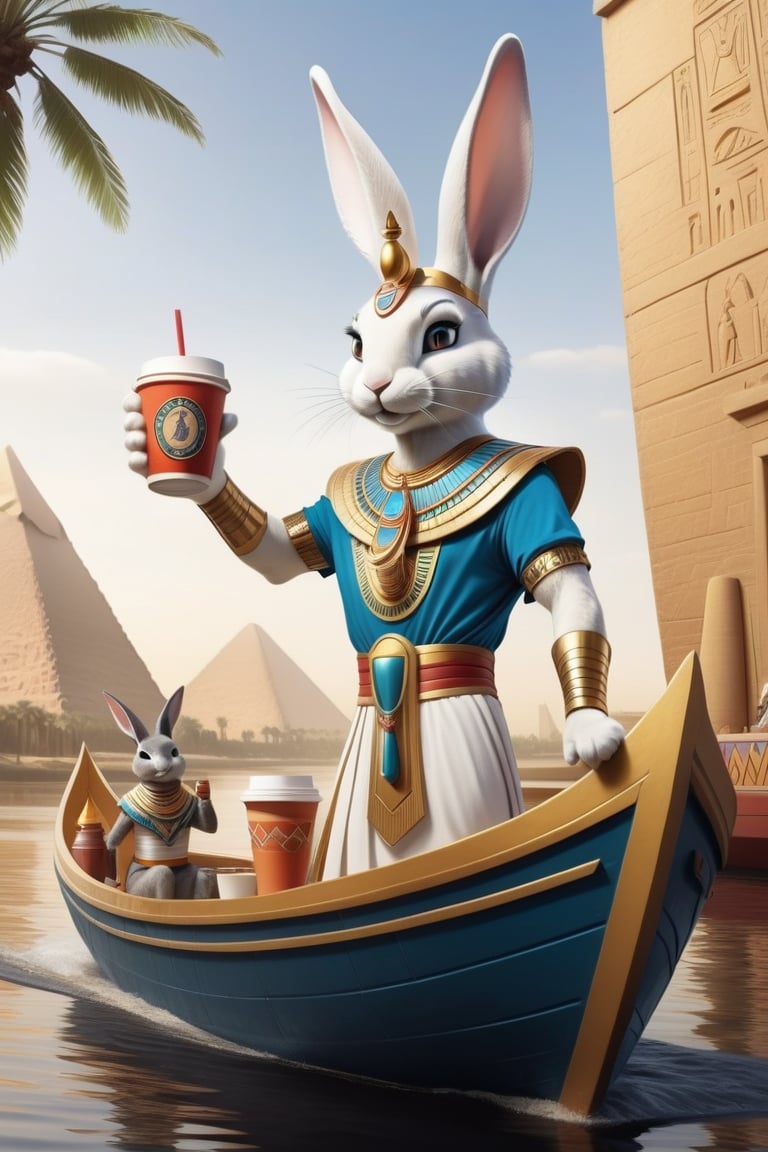 Anthropomorphic rabbit dressed as an Egyptian god holding takeaway coffee in paw, pharaoh's boat on the Nile