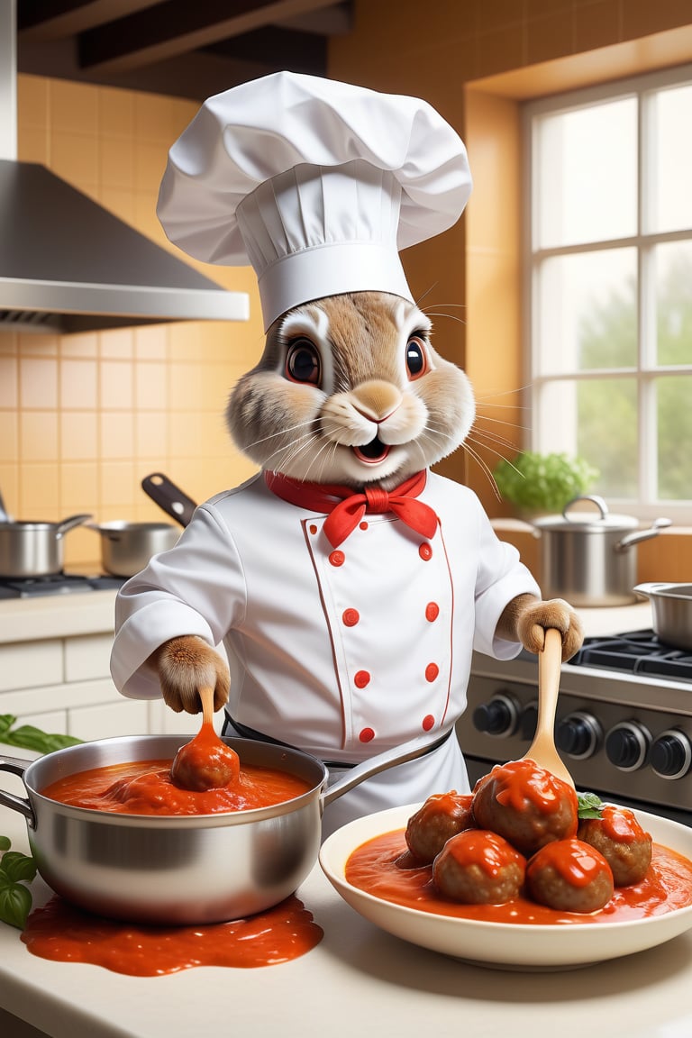 Cute Anthropomorphic rabbit chef cooking meatballs in marinara sauce