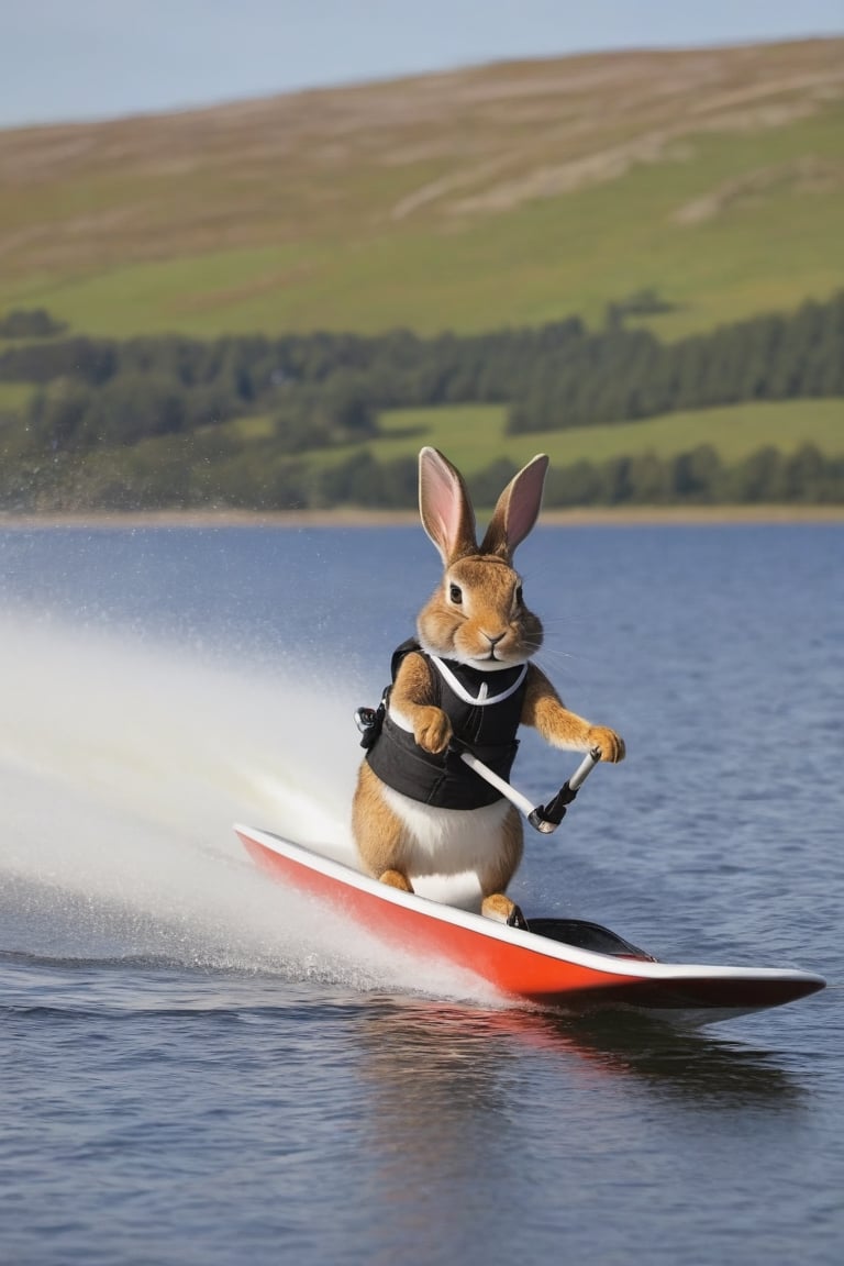 Anthropomorphic rabbit, water-skiing on a Scottish loch