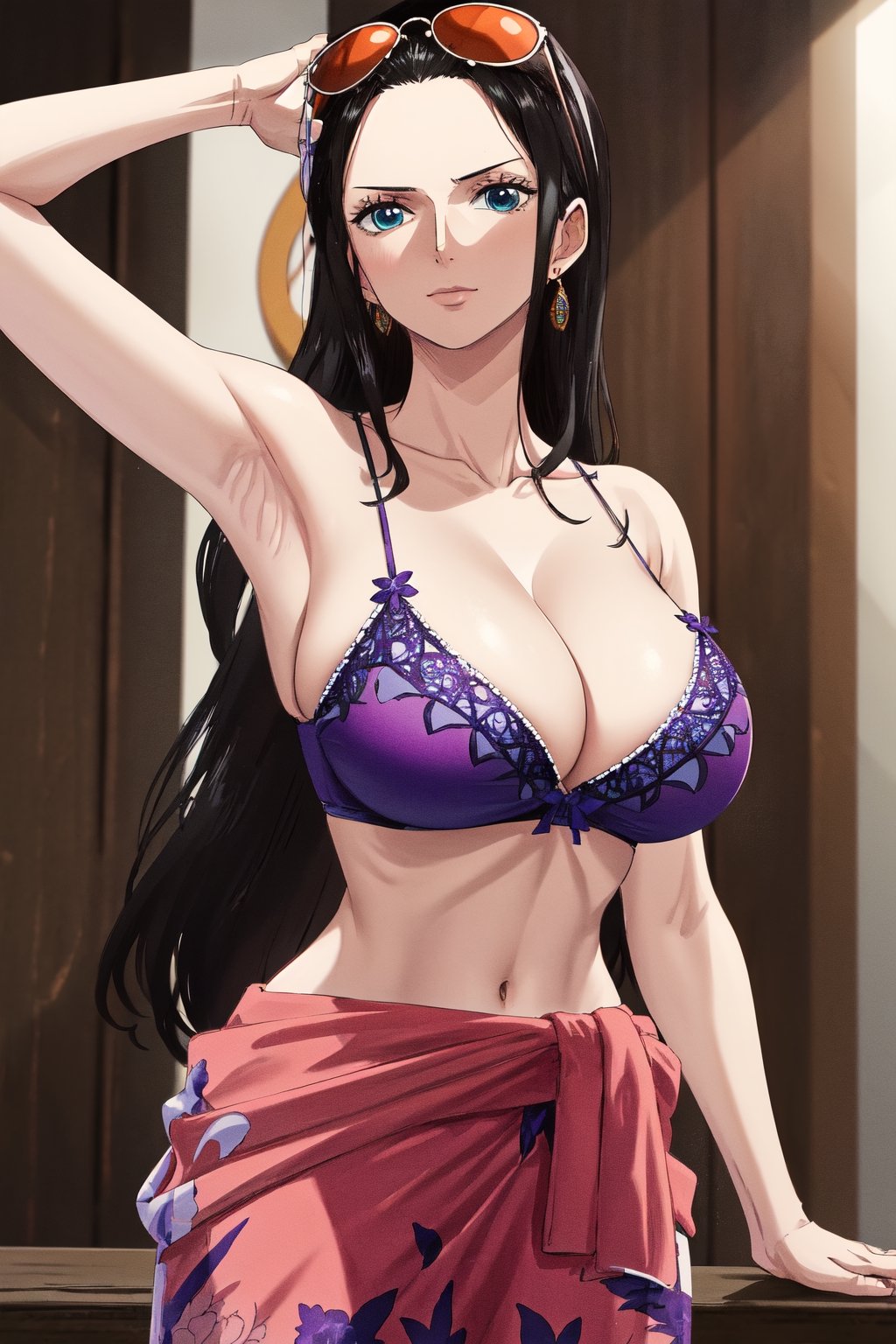 masterpiece, best quality, 1girl, solo, town background, 
long hair, looking at viewer, black hair, long hair, blue eyes, 30 years old, slim body,
sunglasses, eyewear on head, Purple top, Purple bikini, hair slicked back, pink print sarong tied around the waist, cleavage,large breasts,townscape,
Nico Robin, ((big breasts , cleavage)), chuckle, showing armpit, 
(ultrahigh resolution textures), in dynamic pose, bokeh, (intricate details, hyperdetailed:1.15), detailed, HDR+, 
Sleeveless off the shoulder, nico_robinnn,NicoRobin,MeikoDef,Xter