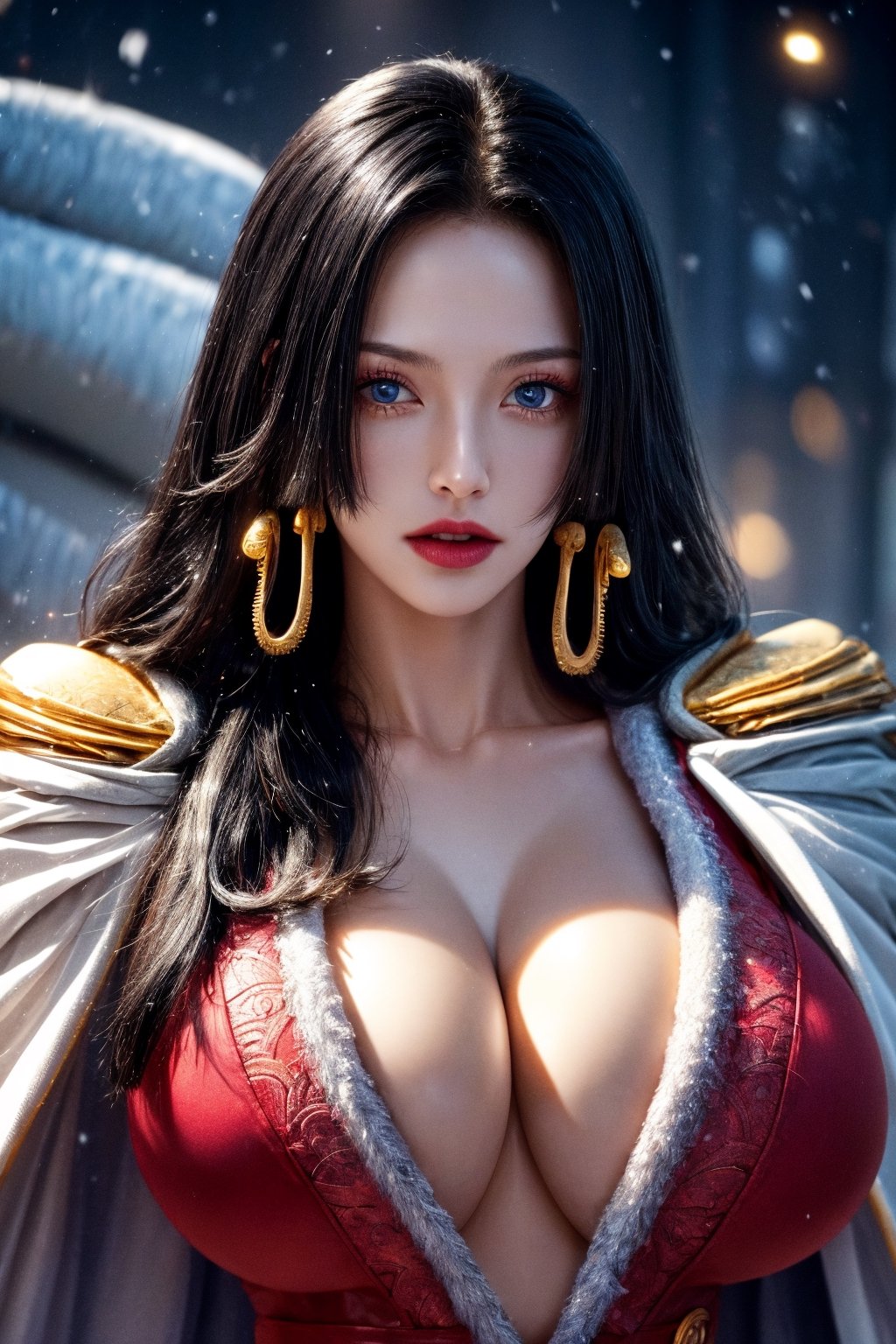 masterpiece, best quality, 1girl, solo, long hair, looking at viewer, black hair, long hair, blue eyes, 30 years old
simple background, 
 hand on hip, cape, epaulettes, cleavage, jewelry, earrings, midriff,boa hancock, cleavage,large breasts,cityscape,
Boa Hancock, ((natural huge breasts , cleavage)), 
(best quality, float hair , masterpiece, colorful, dynamic angle, highest detailed), 
in dynamic pose, bokeh, (intricate details, hyperdetailed:1.15), detailed, moonlight passing through hair, perfect snowing night, fantasy background, (official art, extreme detailed, highest detailed), HDR+, 
Sleeveless off the shoulder, full body, boa hancock, BoaHancockV2,boa1