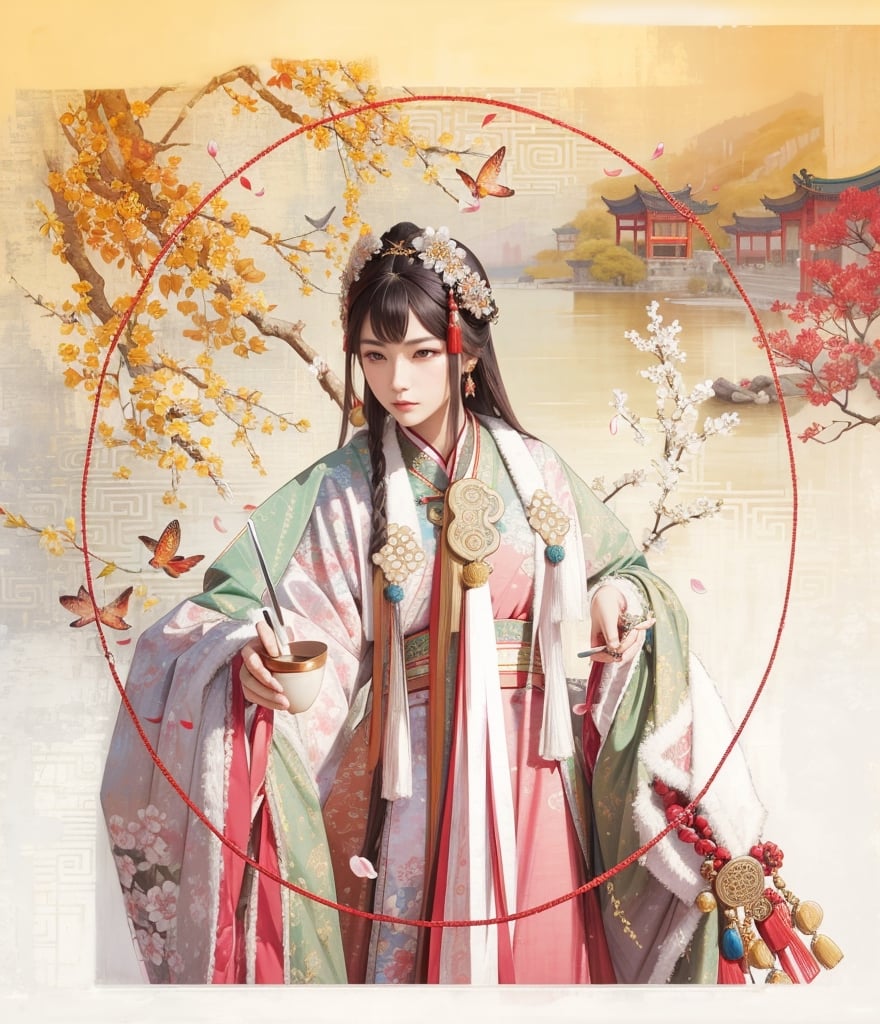 (masterpiece, best quality), , cowboy shot, solo, female, 1girl, looking at viewer, 
A woman in Chinese ancient costume, with long brown hair, bangs on her forehead, a cute face, pink ancient clothes, holding a pink spear,
The whole body exudes energy, with ancient Chinese courtyard background and falling petals.
(ultrahigh resolution textures), in dynamic pose, bokeh, (intricate details, hyperdetailed:1.15), detailed, HDR+, ,female, Gongbi painting. 
,hanfu