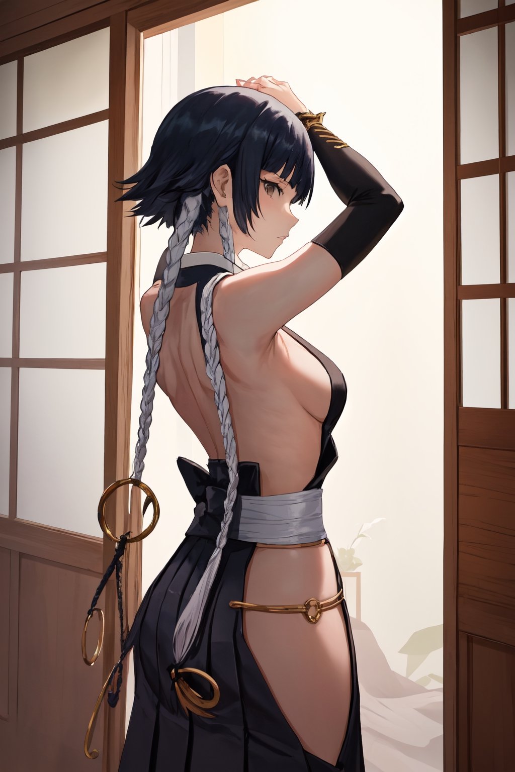 (masterpiece, best quality:1.2), solo, 1girl, soifon, expressionless, looking at viewer, a relatively petite woman with gray eyes and black hair which she wears short with two long braids bound in white cloth, each ending in a large golden ring.  japanese clothes, sideboob, black pleated short skirt,hip vent, detached sleeves, bare shoulders ,soifon,MeikoDef, small breasts, Japanese style house interior ,backless, short black hair, showing armpit, ,BACK VIEW